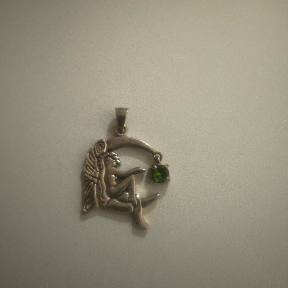 Whimsical Fairy Moon Pendant with Green Stone
